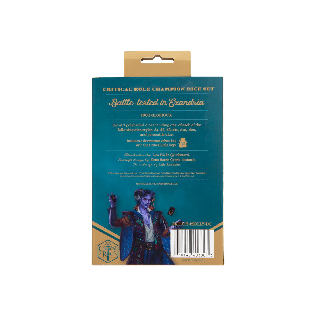 Critical Role Mollymauk Tealeaf Champion Dice Set inspired by the Mighty Nein tiefling blood hunter Sharp-edged purple resin polyhedral dice with gold shimmer and teal numbering