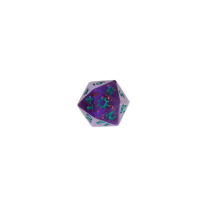 Critical Role Mollymauk Tealeaf Champion Dice Set inspired by the Mighty Nein tiefling blood hunter Sharp-edged purple resin polyhedral dice with gold shimmer and teal numbering