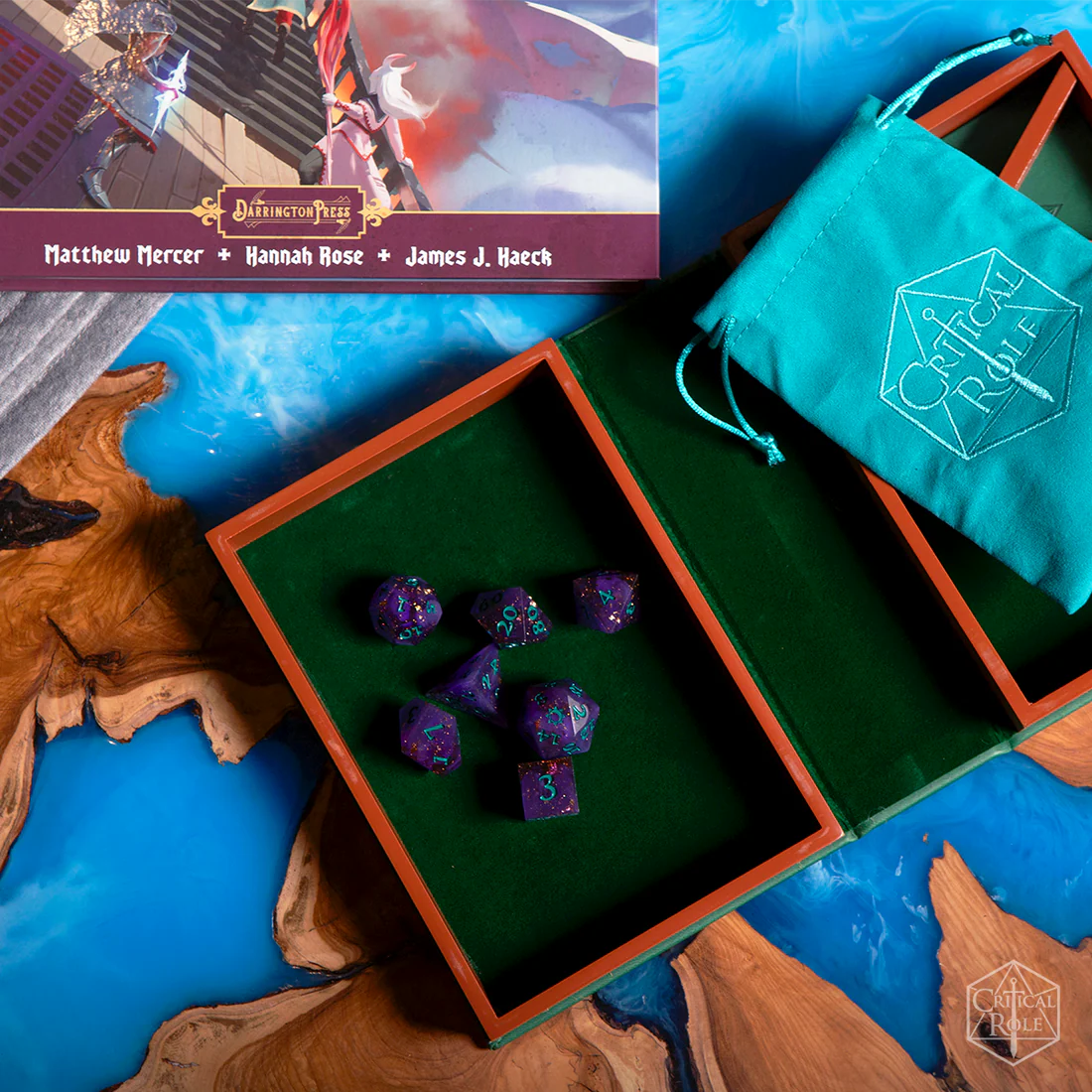 Critical Role Mollymauk Tealeaf Champion Dice Set inspired by the Mighty Nein tiefling blood hunter Sharp-edged purple resin polyhedral dice with gold shimmer and teal numbering