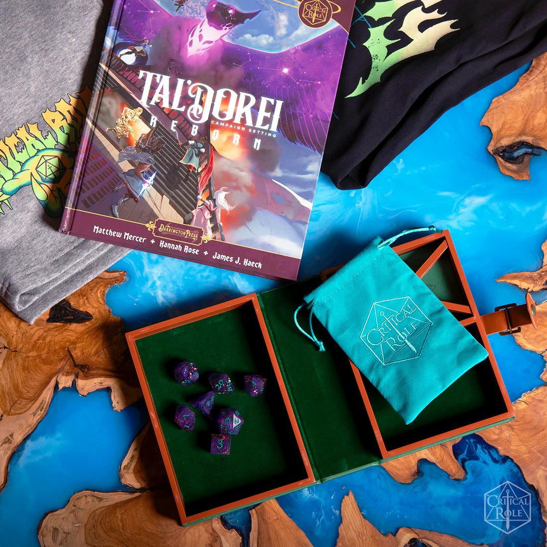 Critical Role Mollymauk Tealeaf Champion Dice Set inspired by the Mighty Nein tiefling blood hunter Sharp-edged purple resin polyhedral dice with gold shimmer and teal numbering