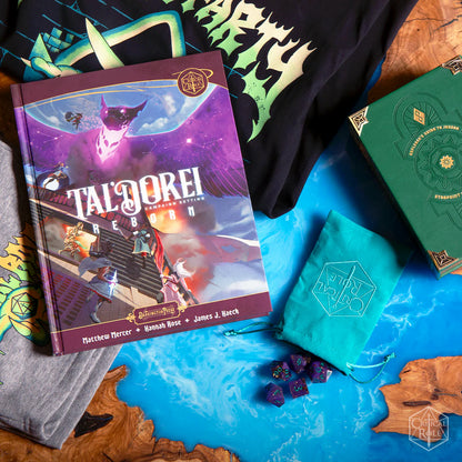 Critical Role Mollymauk Tealeaf Champion Dice Set inspired by the Mighty Nein tiefling blood hunter Sharp-edged purple resin polyhedral dice with gold shimmer and teal numbering