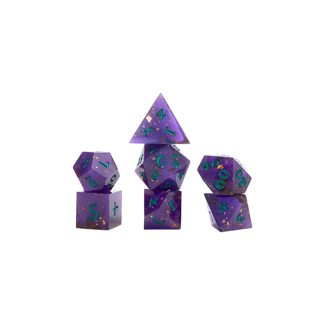 Critical Role Mollymauk Tealeaf Champion Dice Set inspired by the Mighty Nein tiefling blood hunter Sharp-edged purple resin polyhedral dice with gold shimmer and teal numbering