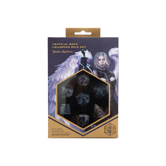 Critical Role Yasha Nydoorin Champion Dice Set inspired by the Mighty Nein barbarian warrior Sharp-edged resin polyhedral dice with gray swirls and dark blue numbering