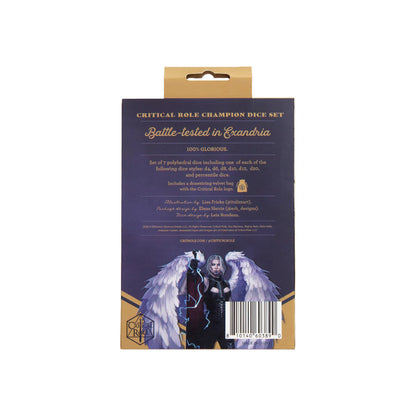 Critical Role Yasha Nydoorin Champion Dice Set inspired by the Mighty Nein barbarian warrior Sharp-edged resin polyhedral dice with gray swirls and dark blue numbering