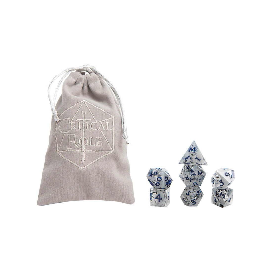 Critical Role Yasha Nydoorin Champion Dice Set inspired by the Mighty Nein barbarian warrior Sharp-edged resin polyhedral dice with gray swirls and dark blue numbering
