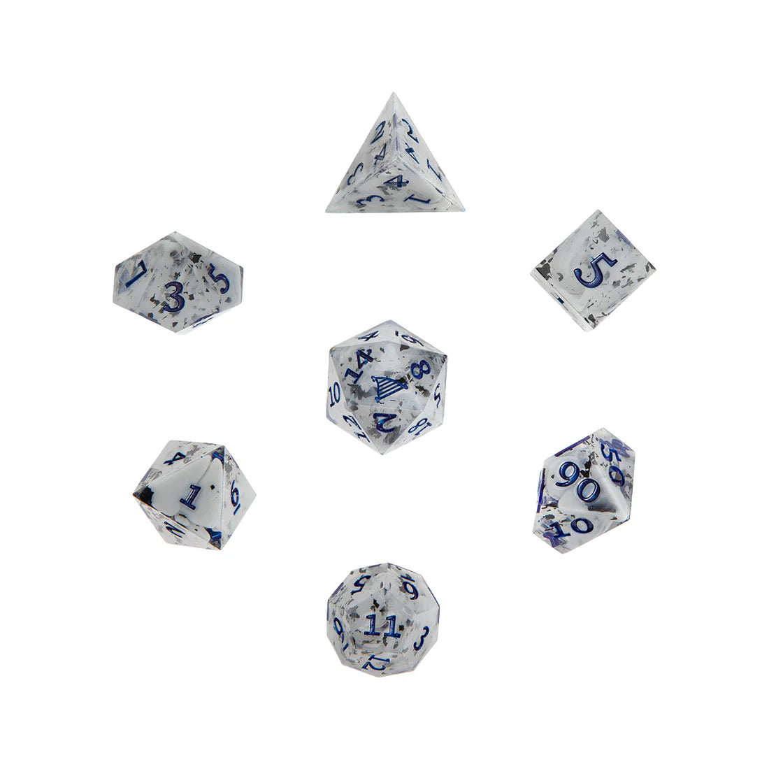 Critical Role Yasha Nydoorin Champion Dice Set inspired by the Mighty Nein barbarian warrior Sharp-edged resin polyhedral dice with gray swirls and dark blue numbering