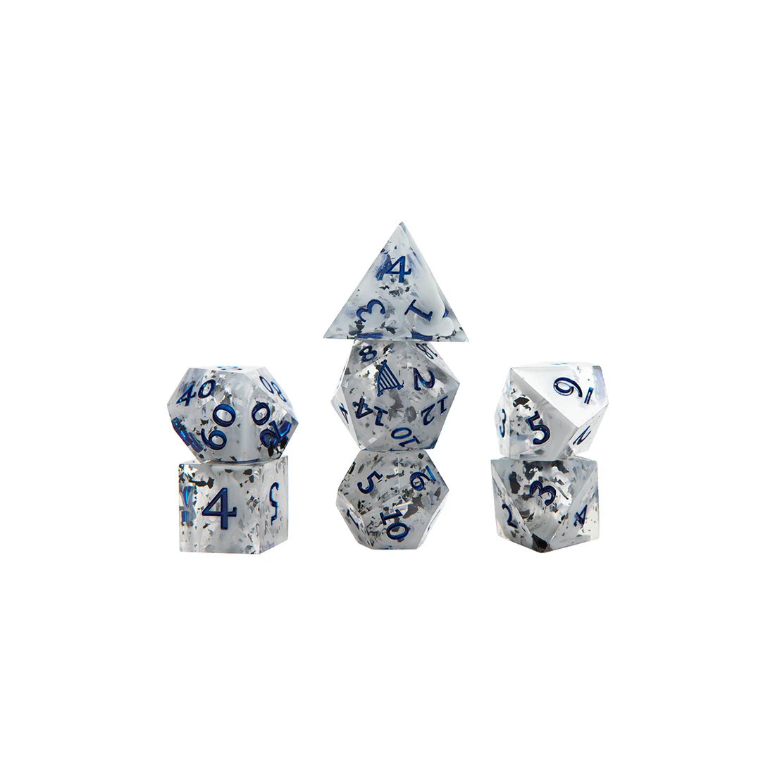 Critical Role Yasha Nydoorin Champion Dice Set inspired by the Mighty Nein barbarian warrior Sharp-edged resin polyhedral dice with gray swirls and dark blue numbering