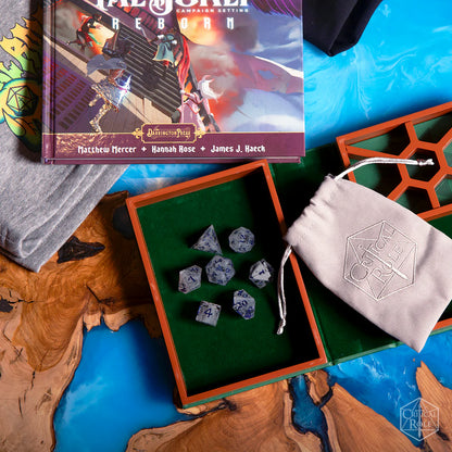 Critical Role Yasha Nydoorin Champion Dice Set inspired by the Mighty Nein barbarian warrior Sharp-edged resin polyhedral dice with gray swirls and dark blue numbering