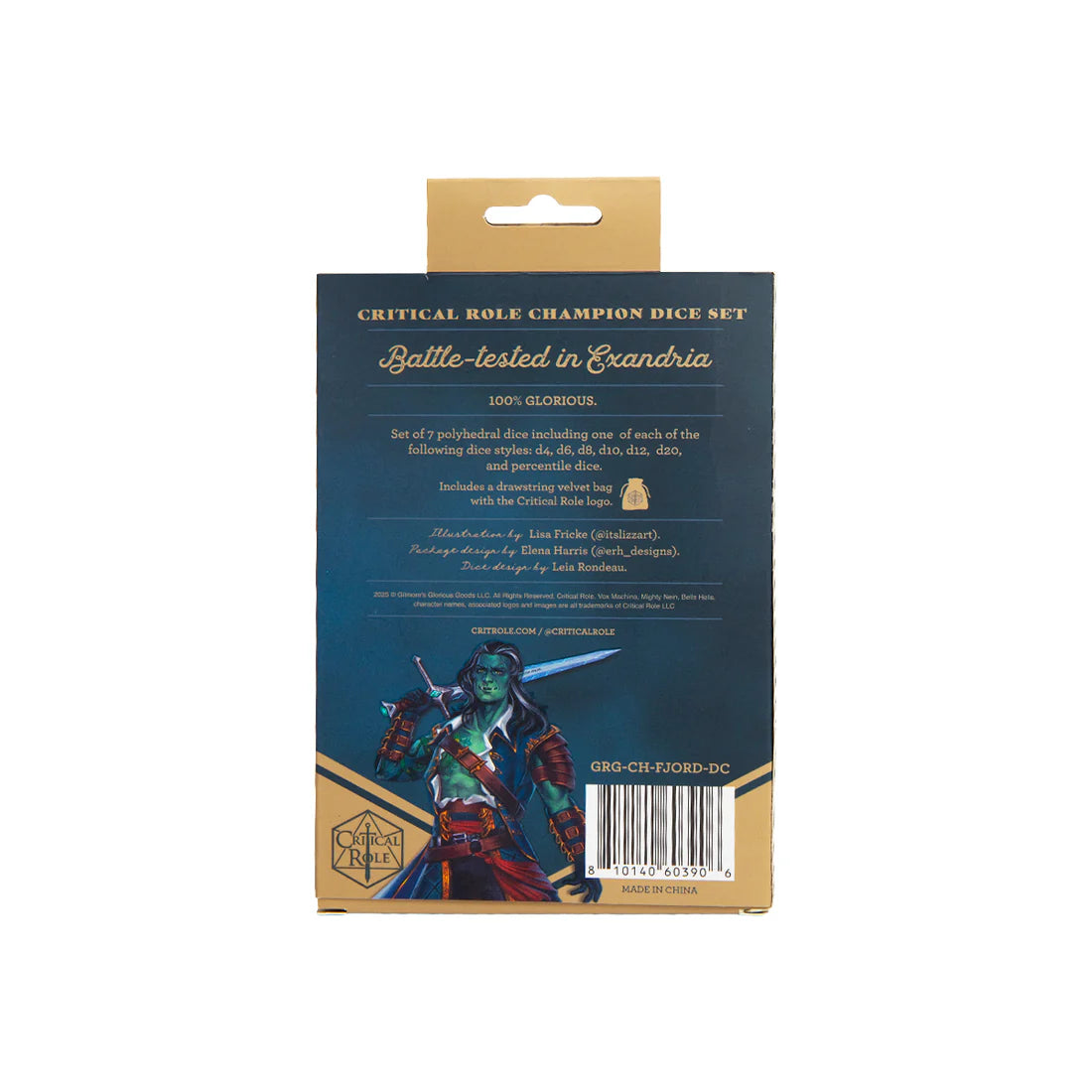 Back view of Fjord Stone dice set packaging with character illustration and text on a white background