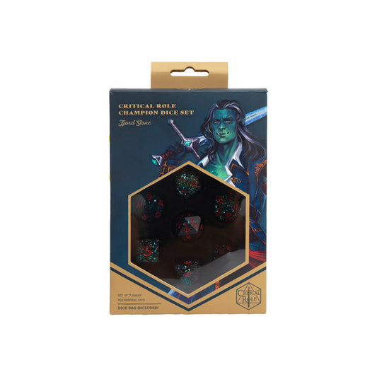 Dice set packaging with critical role's mighty nein fjord stone character illustration on a white background