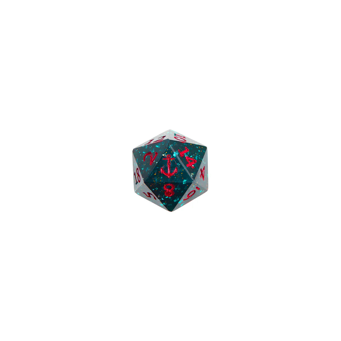 Dark teal polyhedral dice with dark red numbers and anchor on a white background