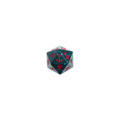 Dark teal polyhedral dice with dark red numbers and anchor on a white background