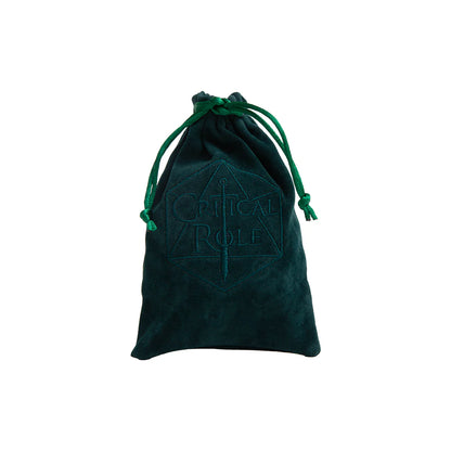 Green velvet drawstring pouch with dark teal embroidered 'Critical Role' logo on a white background