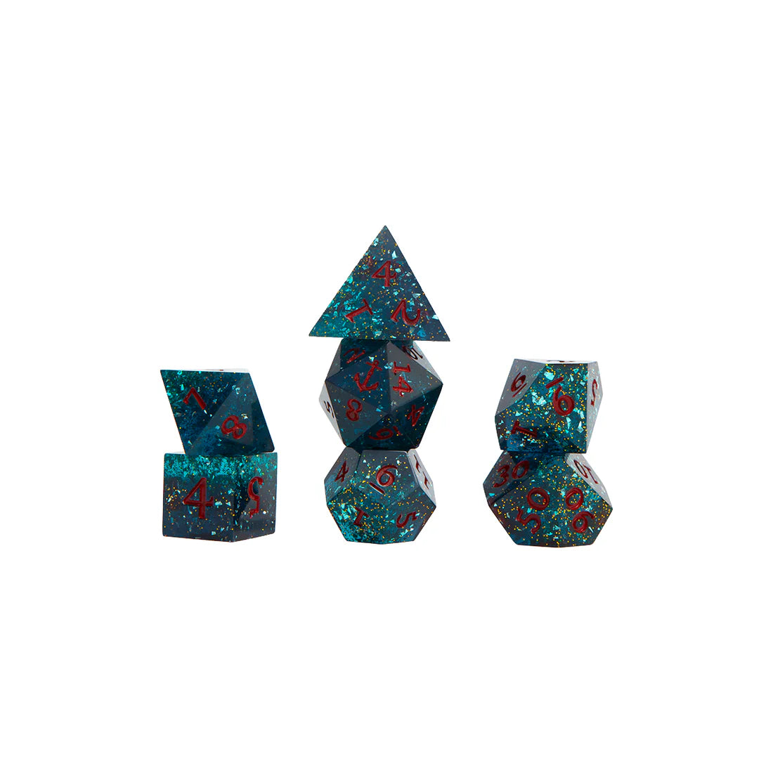 Set of dark teal polyhedral dice with  red numbers stacked on a white background