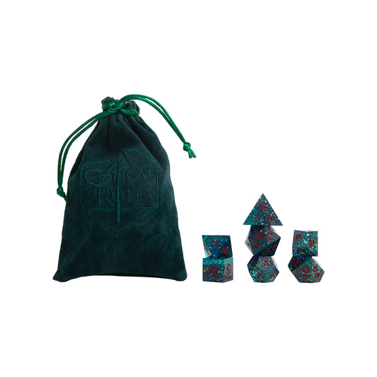 Set of critical role mighty nein's fjord dark teal sparkle with red numbers dice with a green drawstring bag on a white background