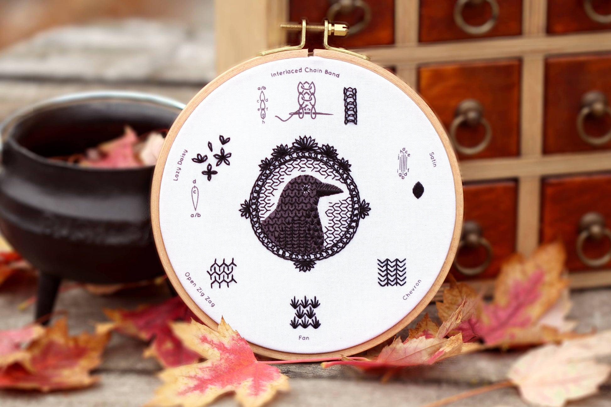 crow embroidery stitch sampler, Kiriki Press embroidery kit, beginner embroidery sampler, how to embroider sampler kit, blackwork stitches, DMC floss kit, embroidery hoop art, stitched crow pattern, learn embroidery stitches, DIY embroidery gift