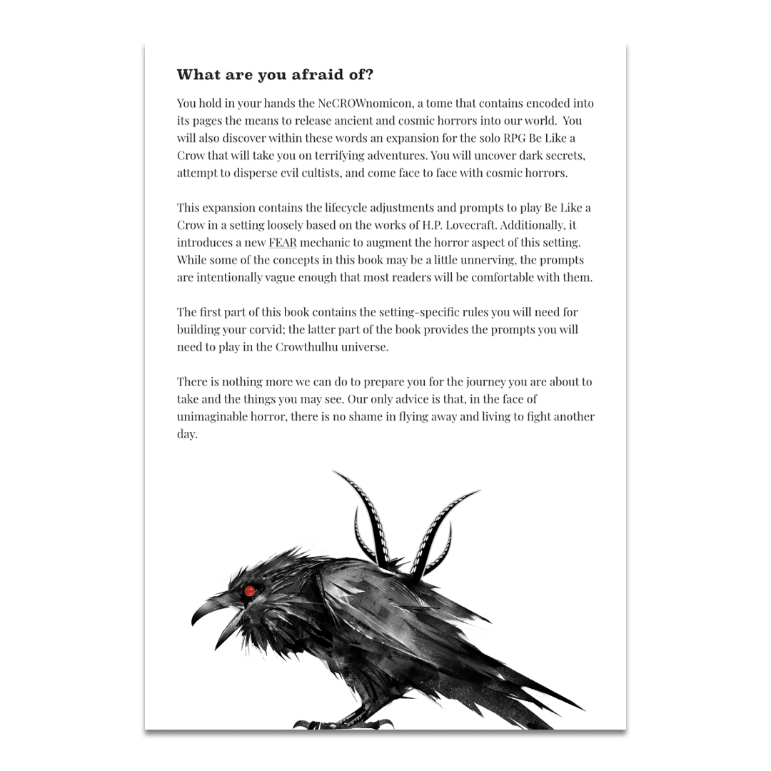 Crowthulhu solo RPG expansion, cosmic horror TTRPG setting, Be Like a Crow Crowthulhu, Lovecraft-inspired solo RPG, horror tabletop RPG zine, FEAR mechanic solo RPG, crow-themed horror adventure, indie TTRPG zine A5, solo roleplaying horror prompts, cosmic horror RPG supplement