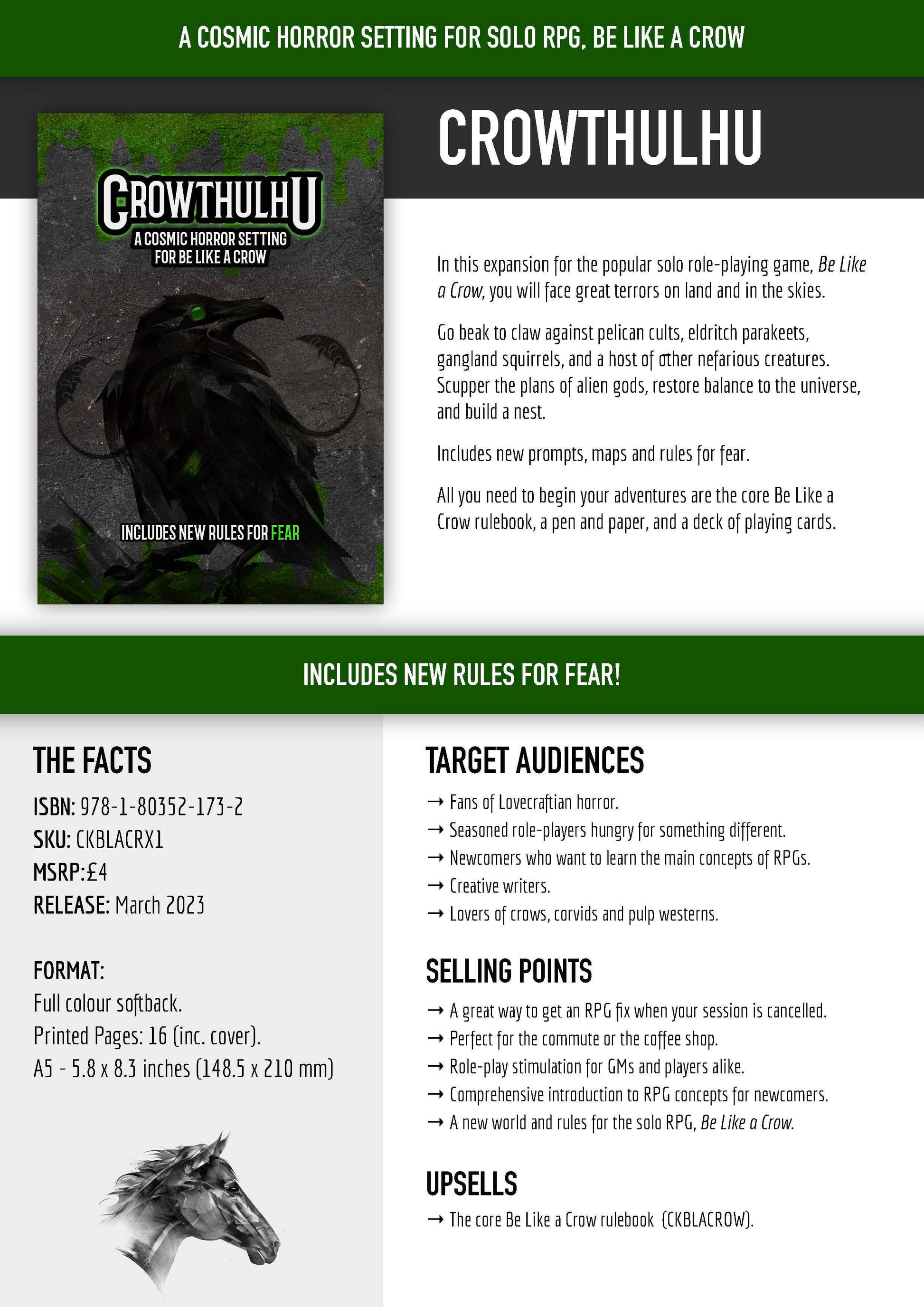 Crowthulhu solo RPG expansion, cosmic horror TTRPG setting, Be Like a Crow Crowthulhu, Lovecraft-inspired solo RPG, horror tabletop RPG zine, FEAR mechanic solo RPG, crow-themed horror adventure, indie TTRPG zine A5, solo roleplaying horror prompts, cosmic horror RPG supplement