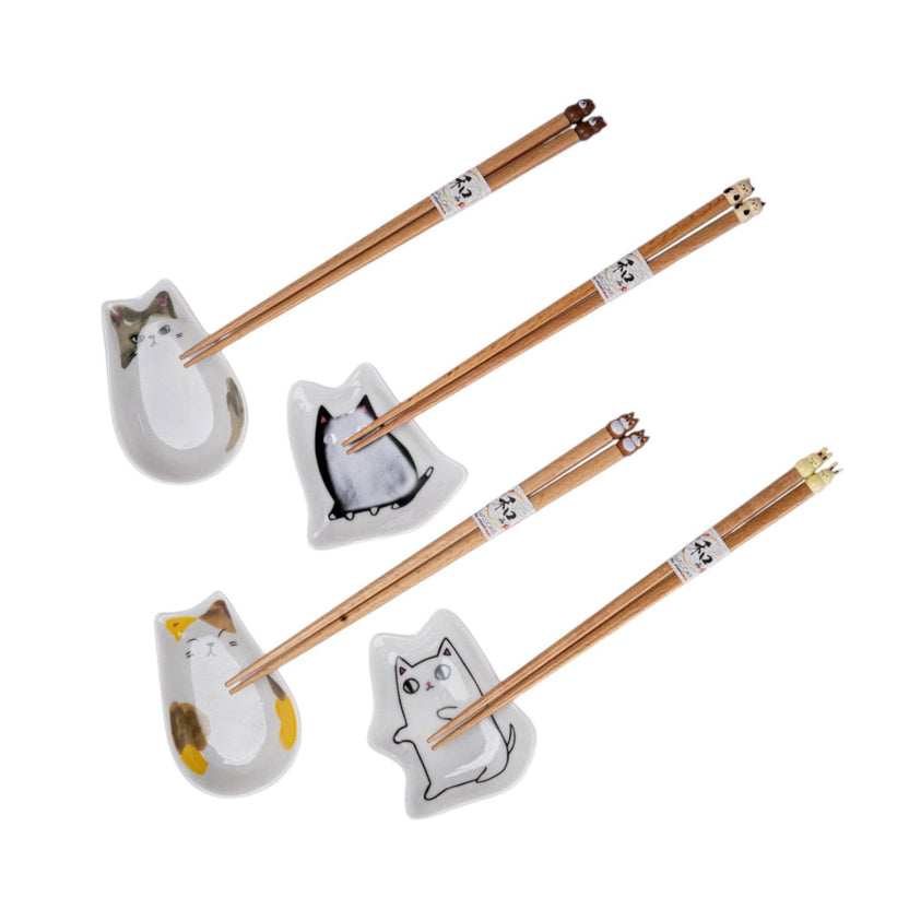 cute cat chopsticks set, Japanese chopsticks and sauce dish gift set, Urban Tokyo tableware, wooden chopsticks with cat design, ceramic dipping dishes, kawaii cat kitchen gifts, Japanese dining accessories, cat lover gift ideas, adorable chopstick gift set, Rogue & Rye kitchen and home collection, sushi night essentials, Japanese-style table setting, wooden and ceramic tableware set.