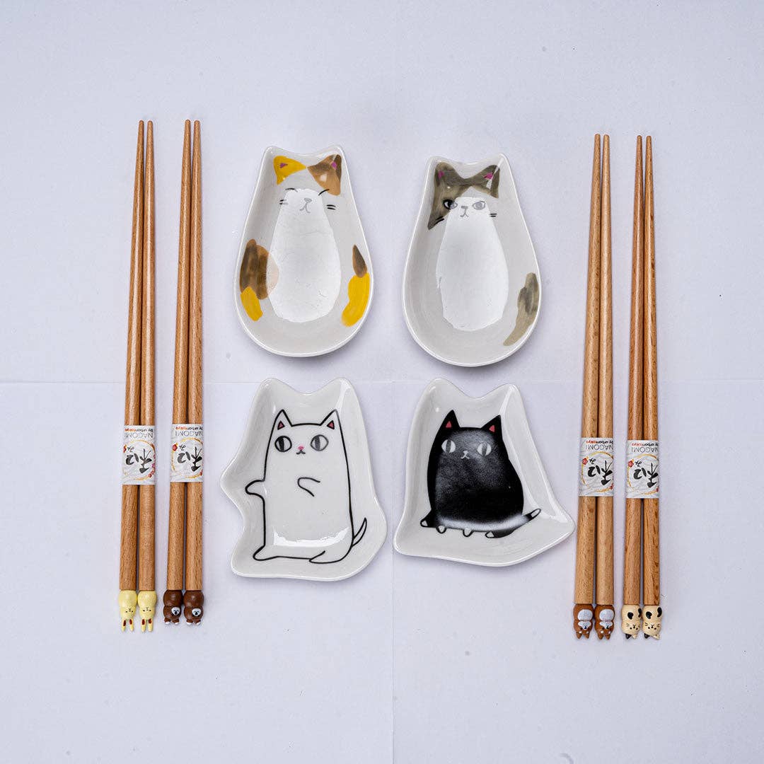 cute cat chopsticks set, Japanese chopsticks and sauce dish gift set, Urban Tokyo tableware, wooden chopsticks with cat design, ceramic dipping dishes, kawaii cat kitchen gifts, Japanese dining accessories, cat lover gift ideas, adorable chopstick gift set, Rogue & Rye kitchen and home collection, sushi night essentials, Japanese-style table setting, wooden and ceramic tableware set.