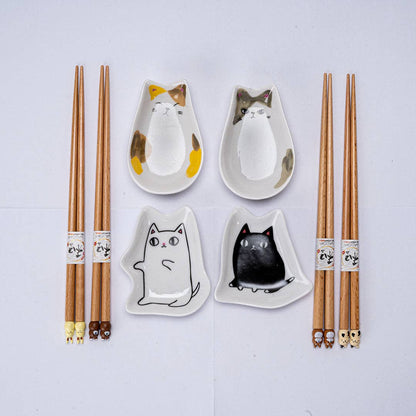 cute cat chopsticks set, Japanese chopsticks and sauce dish gift set, Urban Tokyo tableware, wooden chopsticks with cat design, ceramic dipping dishes, kawaii cat kitchen gifts, Japanese dining accessories, cat lover gift ideas, adorable chopstick gift set, Rogue & Rye kitchen and home collection, sushi night essentials, Japanese-style table setting, wooden and ceramic tableware set.