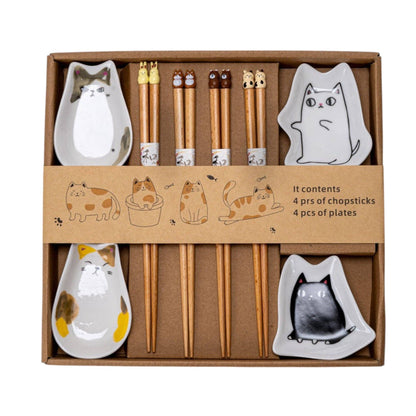 cute cat chopsticks set, Japanese chopsticks and sauce dish gift set, Urban Tokyo tableware, wooden chopsticks with cat design, ceramic dipping dishes, kawaii cat kitchen gifts, Japanese dining accessories, cat lover gift ideas, adorable chopstick gift set, Rogue & Rye kitchen and home collection, sushi night essentials, Japanese-style table setting, wooden and ceramic tableware set.