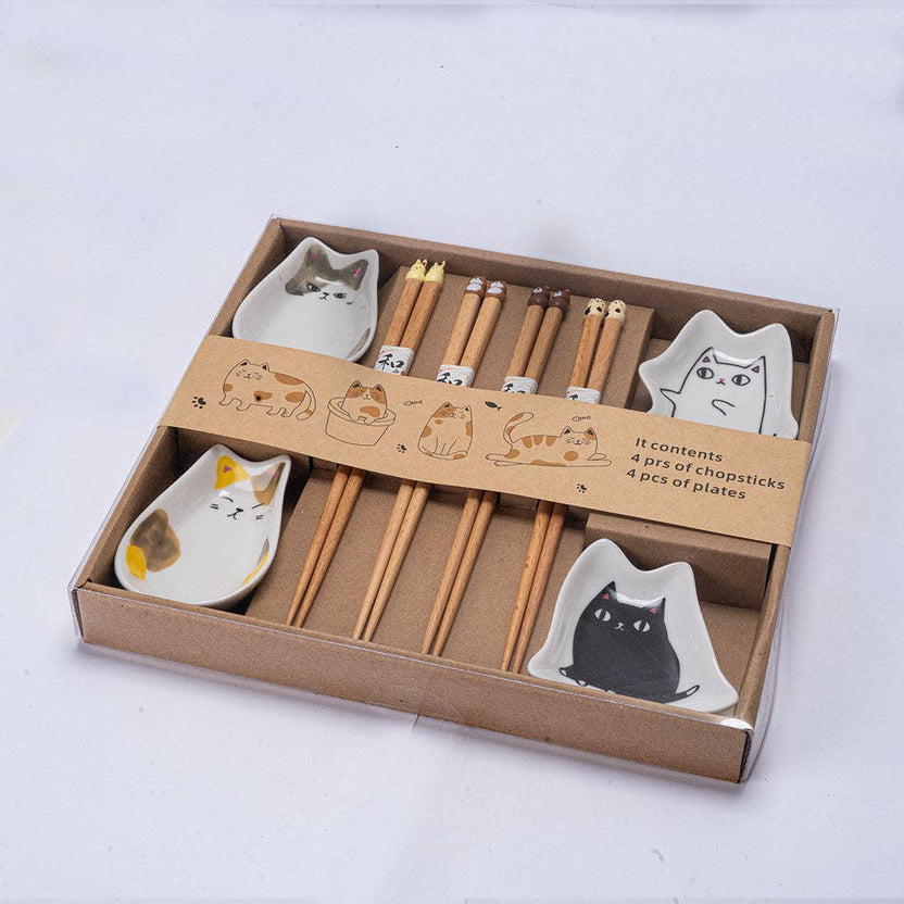 cute cat chopsticks set, Japanese chopsticks and sauce dish gift set, Urban Tokyo tableware, wooden chopsticks with cat design, ceramic dipping dishes, kawaii cat kitchen gifts, Japanese dining accessories, cat lover gift ideas, adorable chopstick gift set, Rogue & Rye kitchen and home collection, sushi night essentials, Japanese-style table setting, wooden and ceramic tableware set.