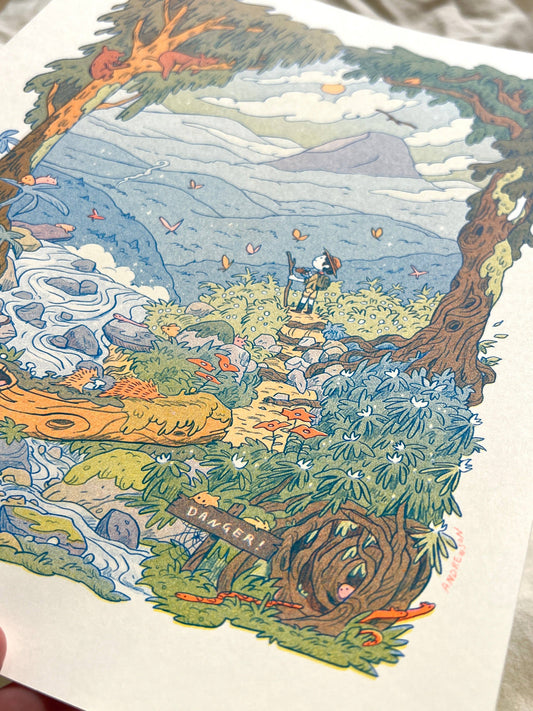 Mountain Dreams risograph print, mountain landscape riso art, Natalie Andrewson riso print, blue fluorescent orange yellow riso, scenic mountain illustration, wanderer wall art, adventure-inspired riso print, indie printmaker artwork, dreamy mountain landscape print, vibrant layered ink art, collectible riso print, Rogue & Rye artist collection.