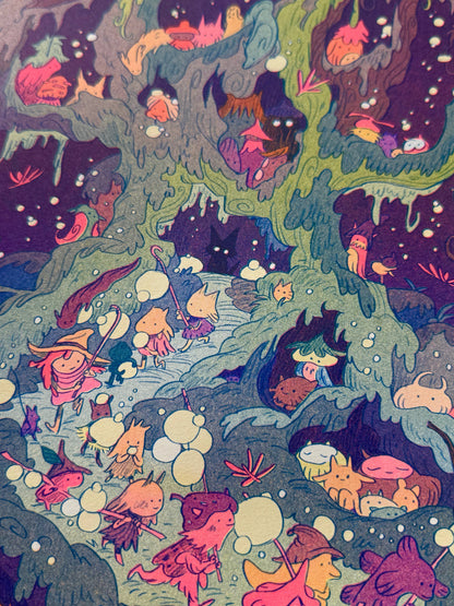 Woodfolk Risograph print, fantasy art print, Natalie Andrewson print, folklore wall art, three color riso print, fluorescent riso artwork, narrative risograph illustration, mythic forest art, mountain folklore print, gallery nucleus art, indie printmaker art, fantasy home decor, collectible riso print, vibrant riso artwork, limited edition risograph, Rogue & Rye artist collection.