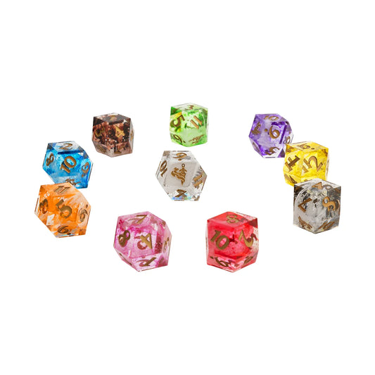 Ten colorful Daggerheart Duality d12 dice with clear resin, white swirling cores, and glitter details