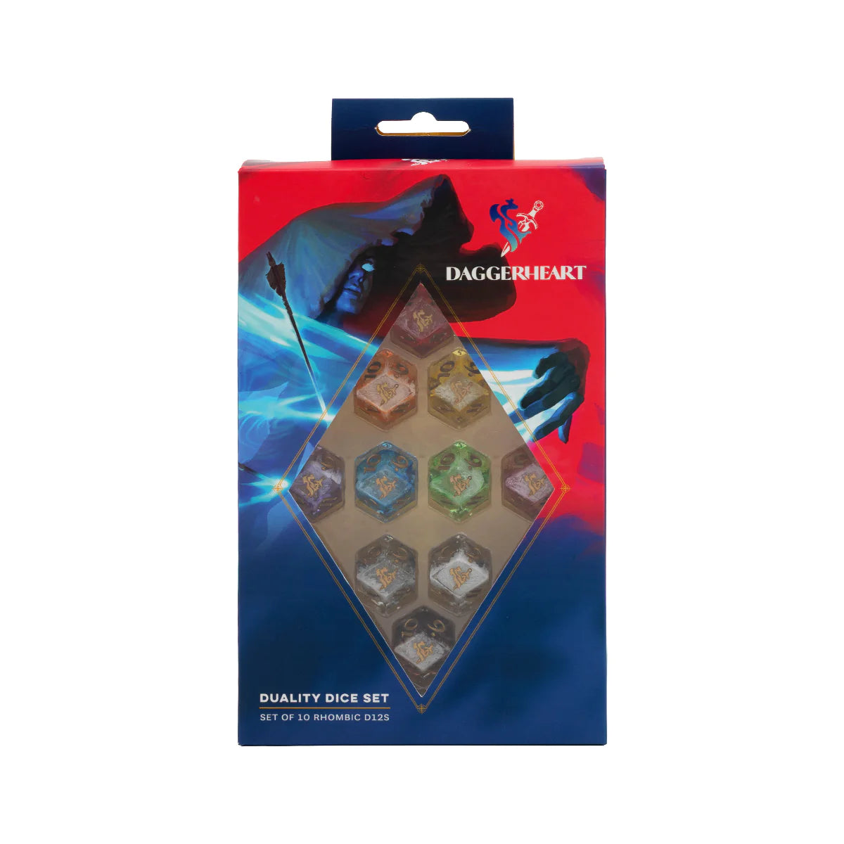Daggerheart Duality Dice Set in retail packaging with ten colorful d12 dice visible through the front window