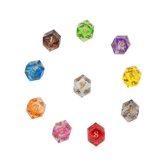 Ten Daggerheart Duality d12 dice arranged in a circle, showing the full range of colorful glitter designs