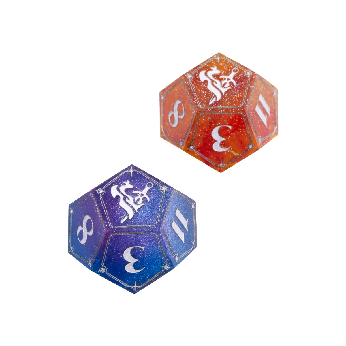 Blue and orange sharp-edged Daggerheart d12 dice with silver numbering
