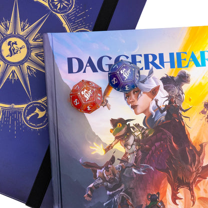 Oversized Hope and Fear d12 dice displayed with Daggerheart books