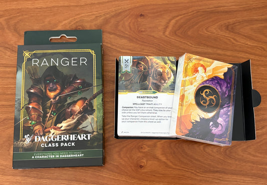 Daggerheart Ranger Class Pack character card deck from Darrington Press featuring domain cards, subclass options, and streamlined tabletop RPG character creation for fantasy roleplaying games