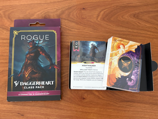 Daggerheart Rogue Class Pack character card deck from Darrington Press featuring domain cards, subclass options, and streamlined tabletop RPG character creation for fantasy roleplaying games