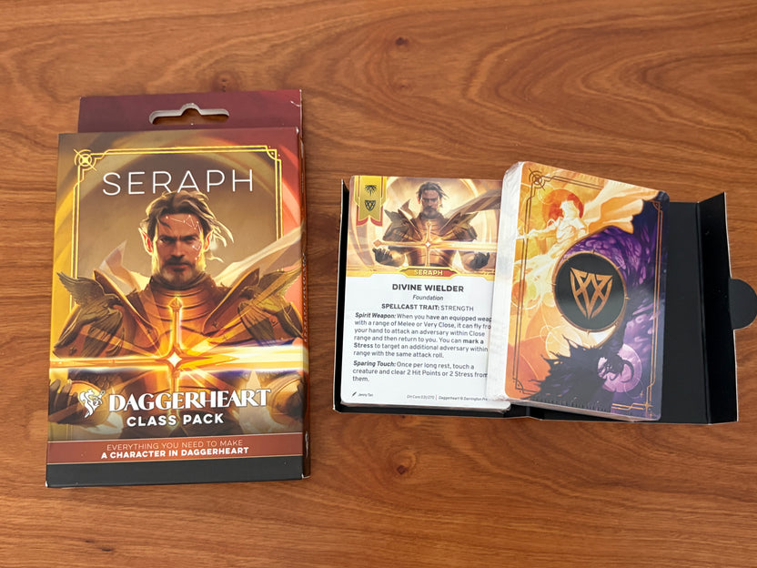 Daggerheart seraph Class Pack character card deck from Darrington Press featuring domain cards, subclass options, and streamlined tabletop RPG character creation for fantasy roleplaying games