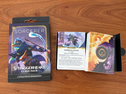 Daggerheart Sorcerer Class Pack character card deck from Darrington Press featuring domain cards, subclass options, and streamlined tabletop RPG character creation for fantasy roleplaying games