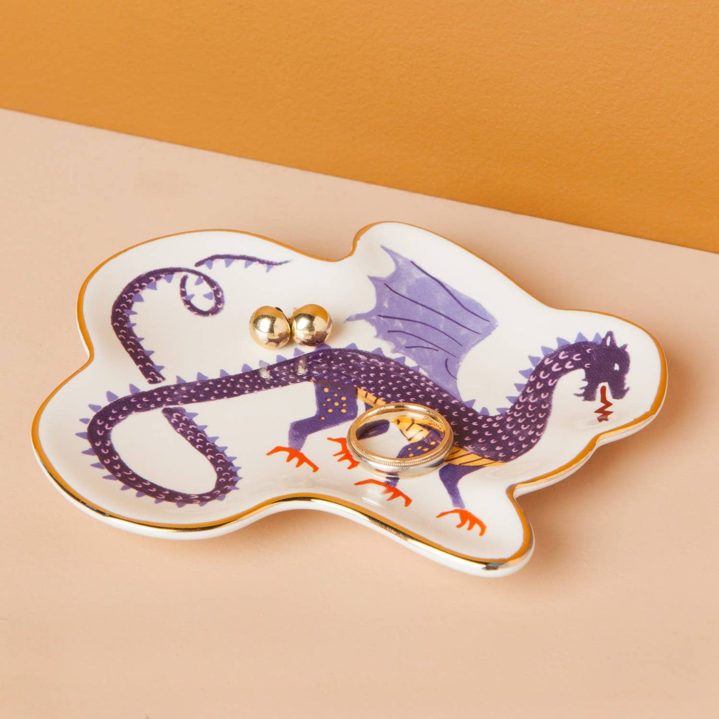 ember trinket tray, dragon trinket tray, stoneware catchall tray, Danica Studio Ember collection, mythical home decor, jewelry tray, entryway tray, giftable decor, illustrated ceramic tray