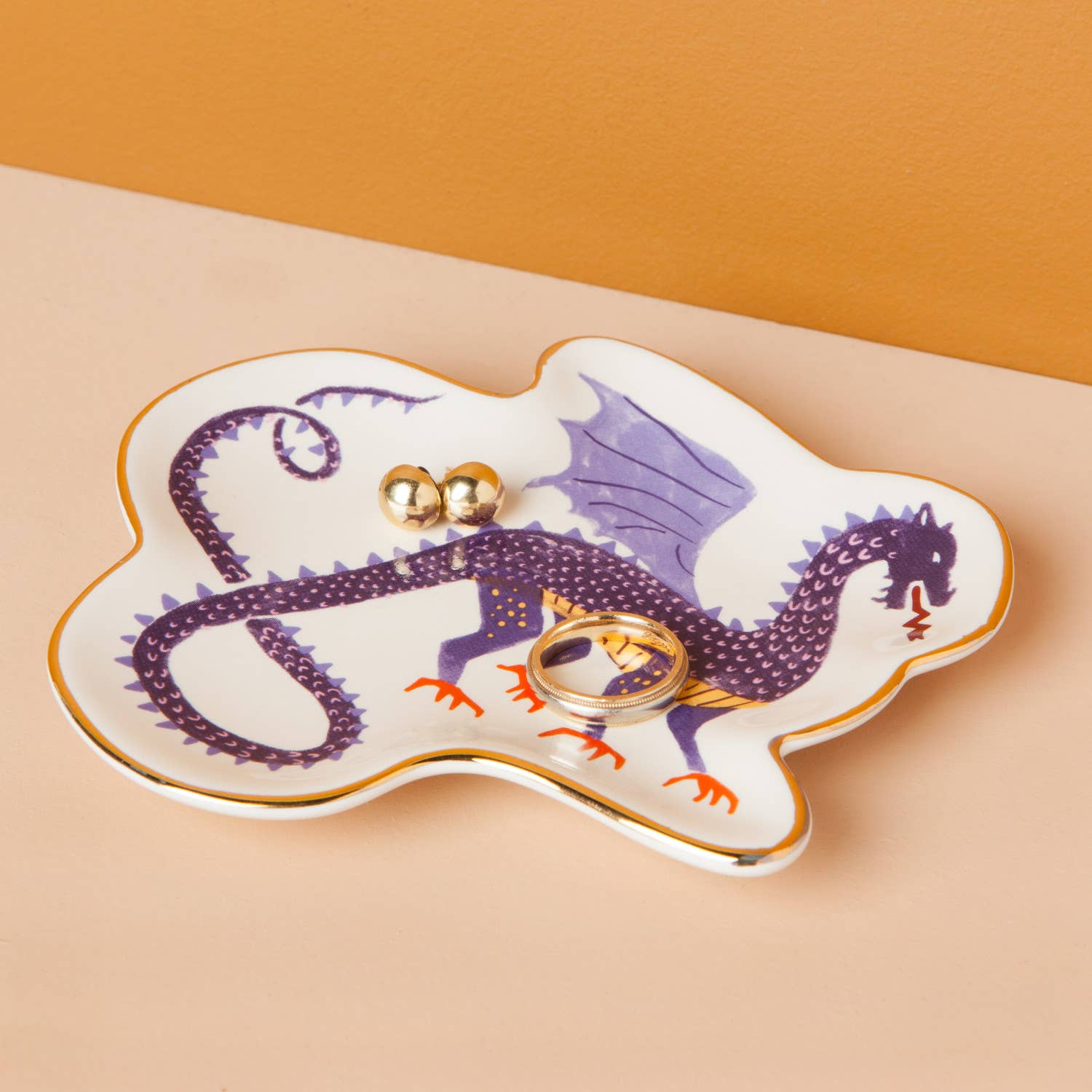 ember trinket tray, dragon trinket tray, stoneware catchall tray, Danica Studio Ember collection, mythical home decor, jewelry tray, entryway tray, giftable decor, illustrated ceramic tray