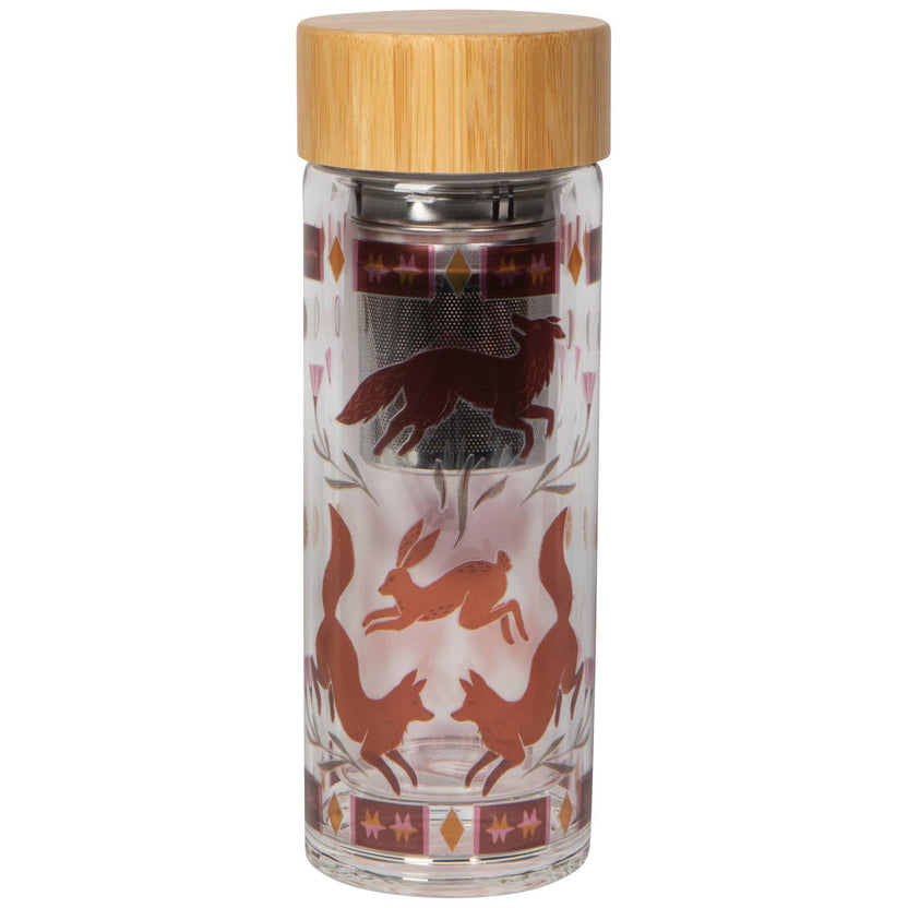 glass tea infuser bottle, borosilicate glass tea bottle, tea infuser travel bottle, Danica Studio tea infuser, illustrated tea bottle, bamboo lid tea bottle, tea to go bottle, gift for tea lovers, folktale design bottle