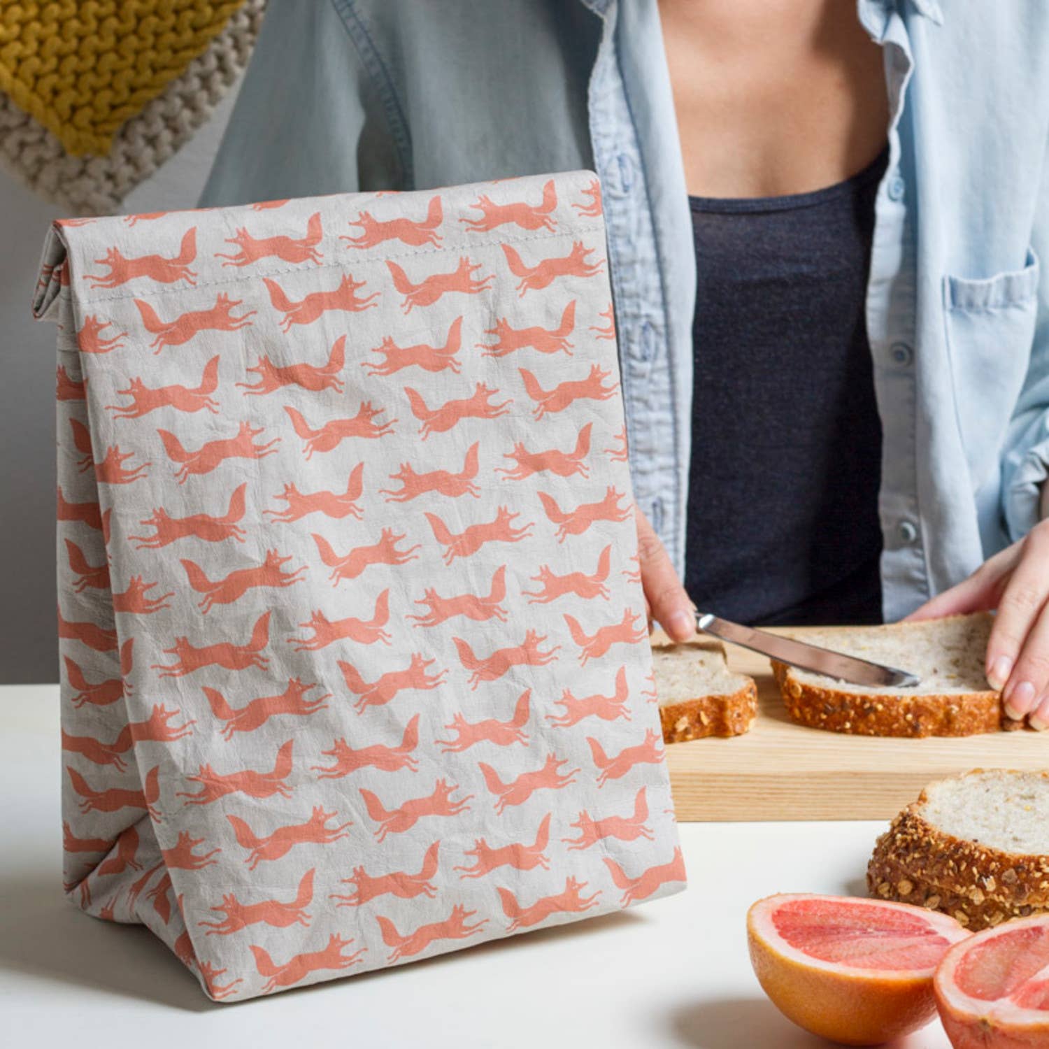 insulated lunch bag, reusable lunch bag, eco-friendly lunch bag, papercraft lunch bag, Danica Studio lunch bag, fox lunch bag, sustainable food bag, insulated food pouch, picnic lunch bag, work lunch bag