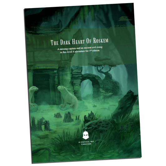 5E one-shot adventure, DnD level 4 module, The Dark Heart of Roskem, dark fantasy swamp mystery, Dungeons and Dragons short campaign, indie RPG adventure Tim Roberts, 3 to 6 hour DnD one-shot, Roskem Swamp encounter, missing guard DnD plot hook, 5th edition horror mystery setting, DnD small town investigation
