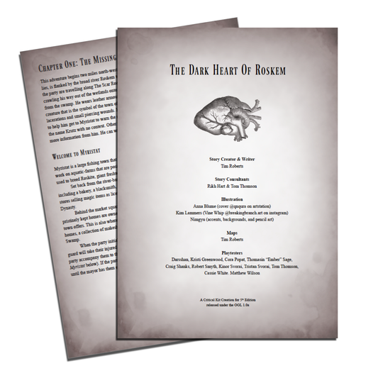 5E one-shot adventure, DnD level 4 module, The Dark Heart of Roskem, dark fantasy swamp mystery, Dungeons and Dragons short campaign, indie RPG adventure Tim Roberts, 3 to 6 hour DnD one-shot, Roskem Swamp encounter, missing guard DnD plot hook, 5th edition horror mystery setting, DnD small town investigation