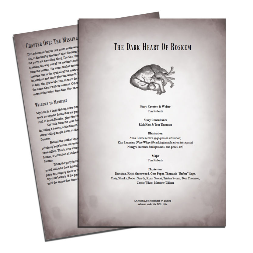 5E one-shot adventure, DnD level 4 module, The Dark Heart of Roskem, dark fantasy swamp mystery, Dungeons and Dragons short campaign, indie RPG adventure Tim Roberts, 3 to 6 hour DnD one-shot, Roskem Swamp encounter, missing guard DnD plot hook, 5th edition horror mystery setting, DnD small town investigation