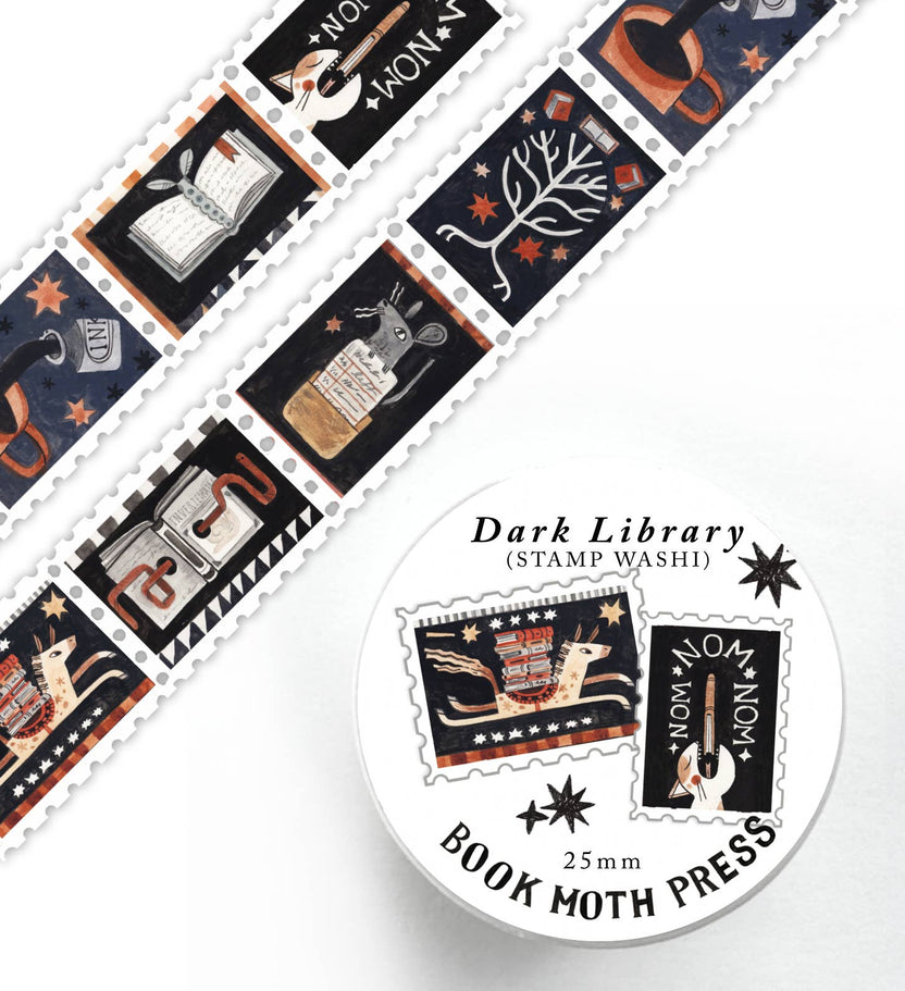 Dark Library washi tape with illustrated book lover postage stamps
