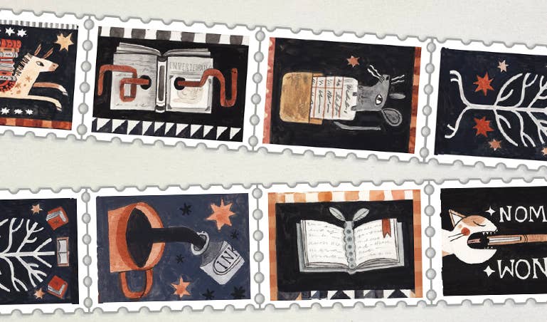 Illustrated literary stamp designs on Dark Library washi tape