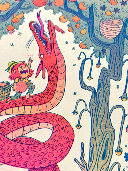 Summer dragon risograph print, stone fruit dragon art, Natalie Andrewson riso print, summer fantasy illustration, blue yellow fluorescent pink riso, whimsical dragon artwork, juicy fruit summer print, indie printmaker risograph, vibrant summer wall art, collectible riso print, Rogue & Rye fantasy art.
