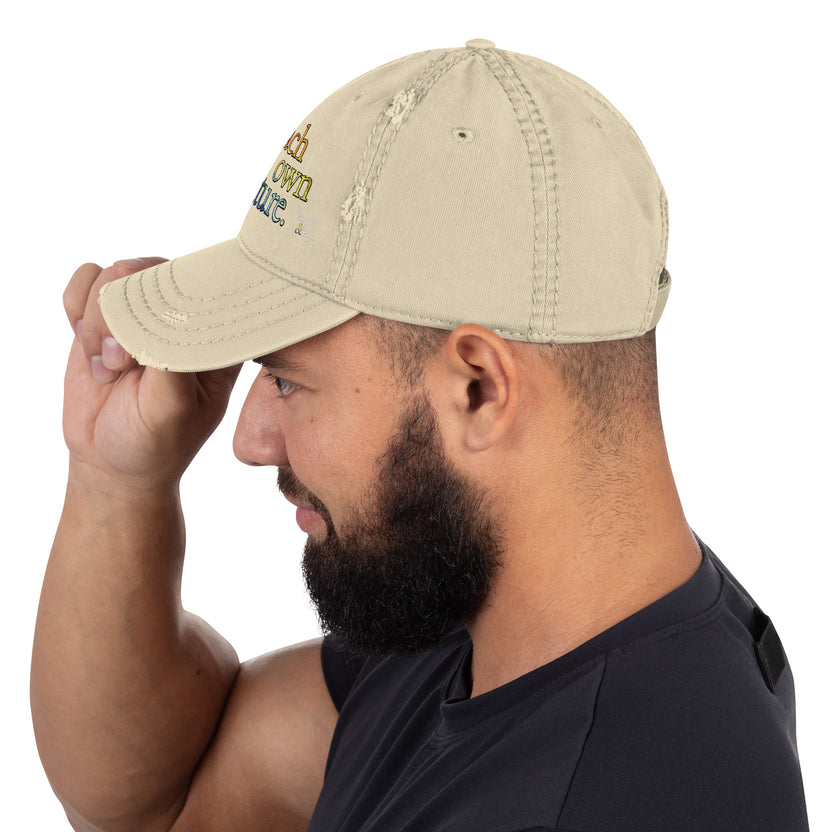 Pride hat, LGBTQIA+ pride cap, rainbow embroidered hat distressed pride baseball cap, unstructured cotton twill cap, Pride apparel accessory, inclusive fashion hat, LGBTQIA+ support merchandise, queer pride fashion, Outright International donation, ally pride gear, Pride month clothing, gender-neutral cap, low-profile dad hat, soft crown baseball cap, adjustable hook-and-loop hat, lived-in look cap, ethically made hat, made-to-order fashion, sustainable pride gear, slow fashion accessories