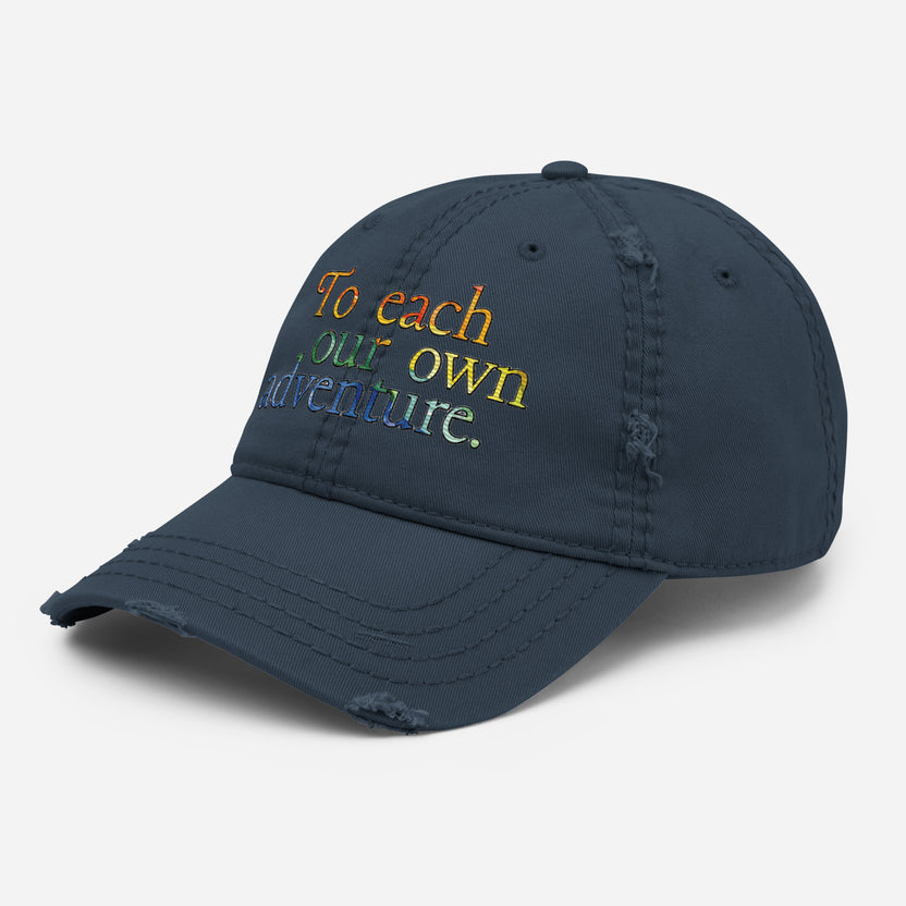 Pride hat, LGBTQIA+ pride cap, rainbow embroidered hat distressed pride baseball cap, unstructured cotton twill cap, Pride apparel accessory, inclusive fashion hat, LGBTQIA+ support merchandise, queer pride fashion, Outright International donation, ally pride gear, Pride month clothing, gender-neutral cap, low-profile dad hat, soft crown baseball cap, adjustable hook-and-loop hat, lived-in look cap, ethically made hat, made-to-order fashion, sustainable pride gear, slow fashion accessories